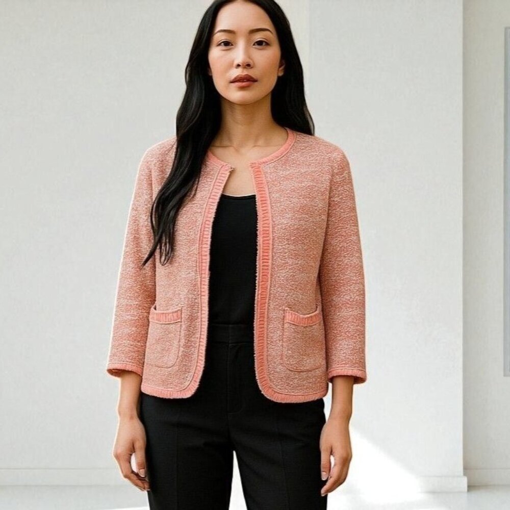 Chicos Pink Textured Open Front Cardigan Pockets Quarter Sleeve Womens Medium
